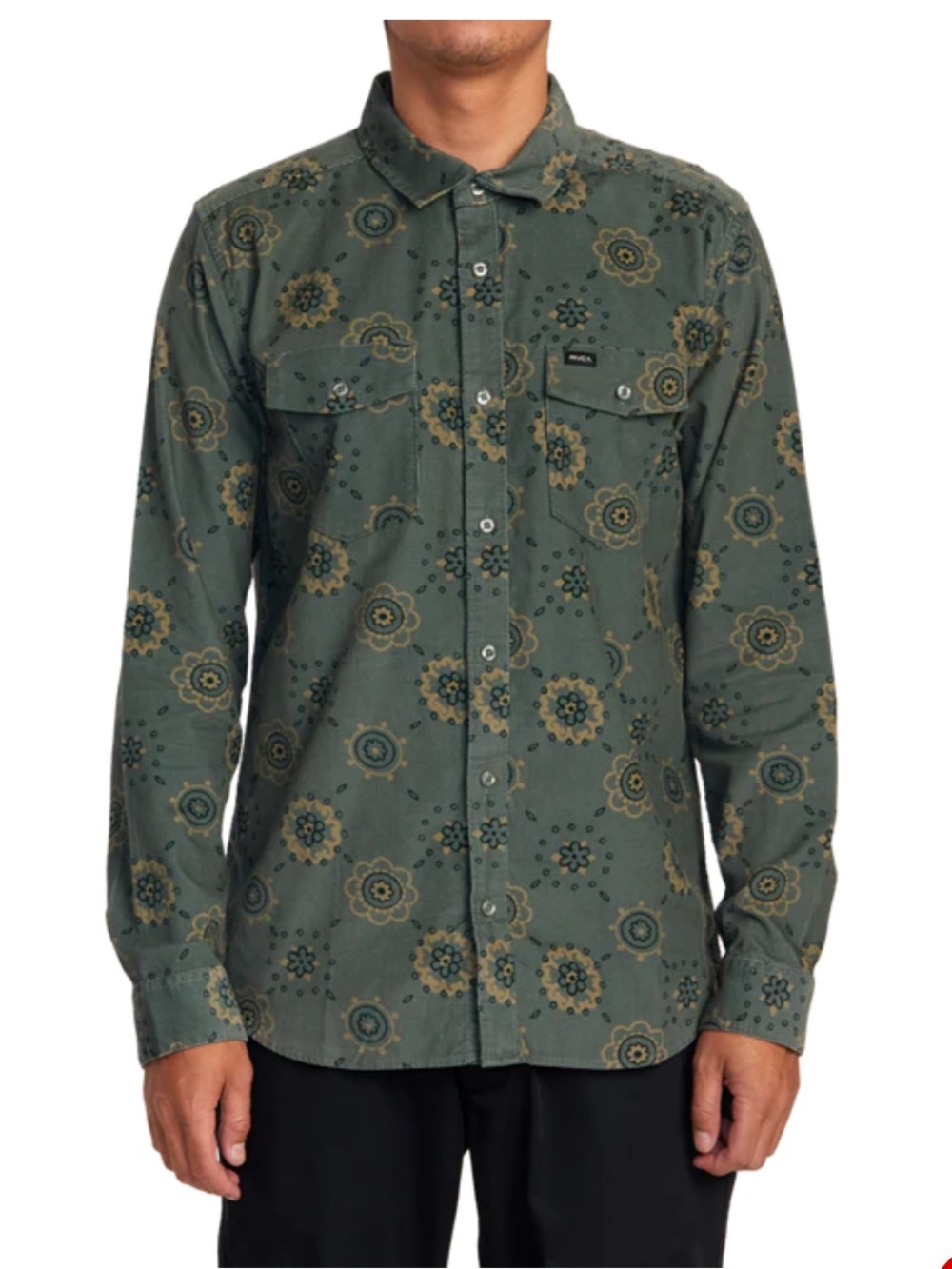 RVCA Warm Sands Cord Long Sleeve Button-Up Shirt Balsam Green Floral Men’s XL